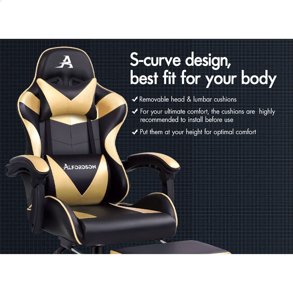 ALFORDSON Gaming Chair Office Massage Computer Racing Seat PU Leather Gold