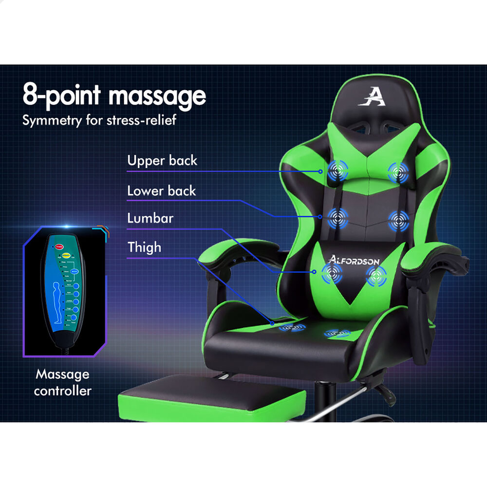 ALFORDSON Gaming Chair Office Massage Computer Racing Seat PU Leather Green