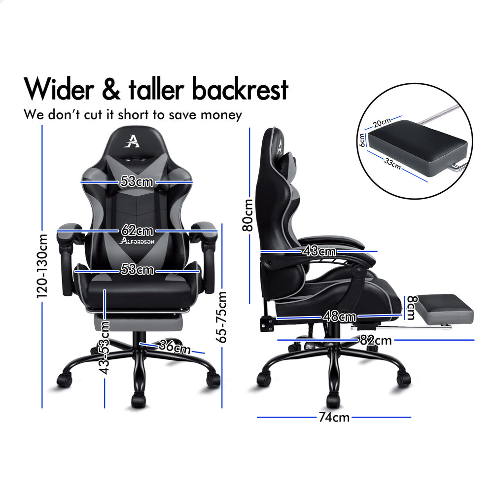 ALFORDSON Gaming Chair Office Massage Computer Racing Seat PU Leather Grey