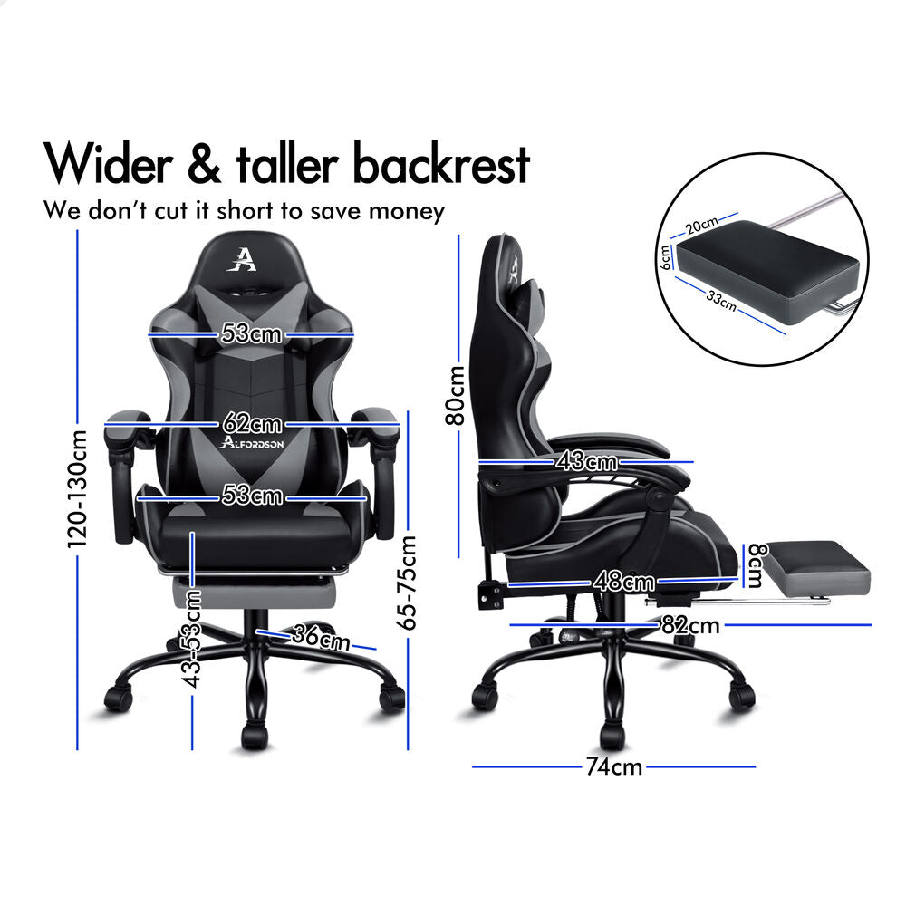ALFORDSON Gaming Chair Office Massage Computer Racing Seat PU Leather Grey