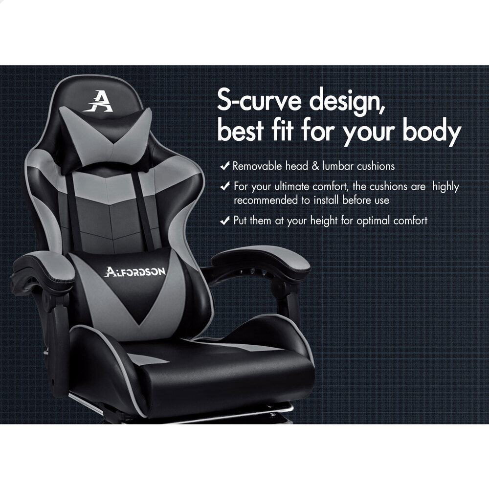 ALFORDSON Gaming Chair Office Massage Computer Racing Seat PU Leather Grey