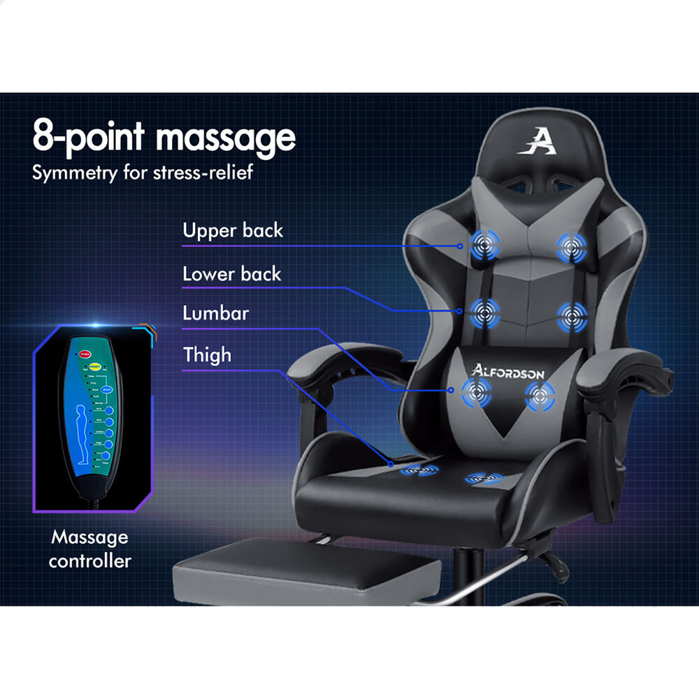 ALFORDSON Gaming Chair Office Massage Computer Racing Seat PU Leather Grey