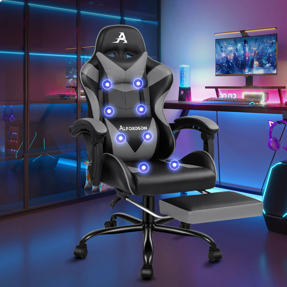 ALFORDSON Gaming Chair Office Massage Computer Racing Seat PU Leather Grey
