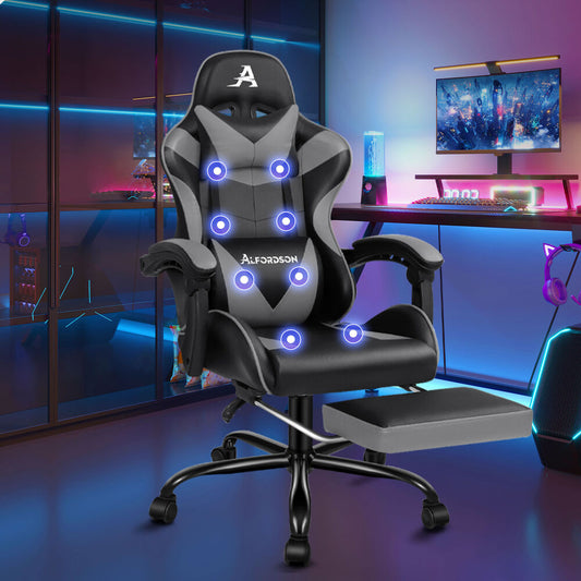 ALFORDSON Gaming Chair Office Massage Computer Racing Seat PU Leather Grey
