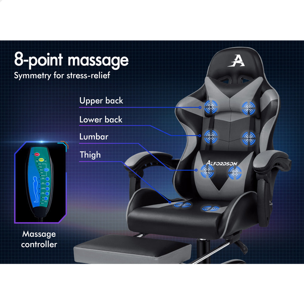 ALFORDSON Gaming Chair Office Massage Computer Racing Seat PU Leather Grey