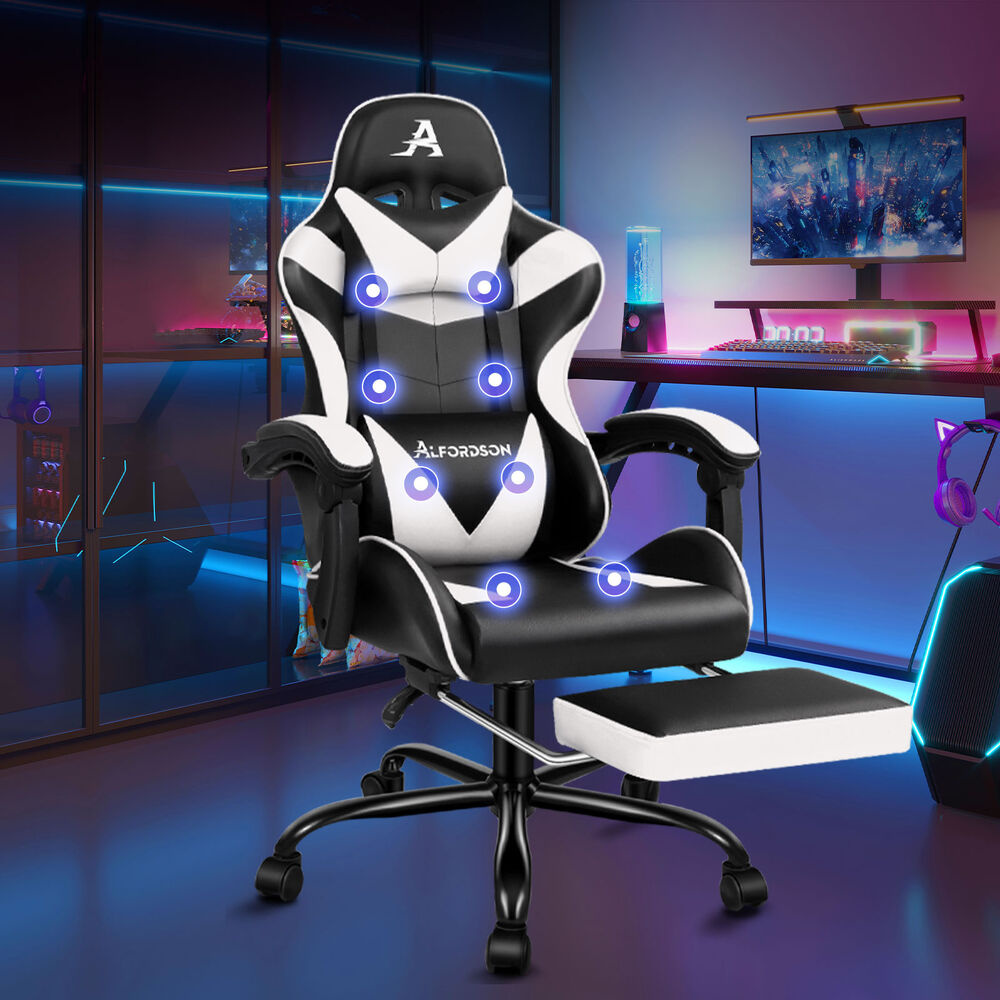 ALFORDSON Gaming Chair Office Massage Computer Racing Seat PU Leather White