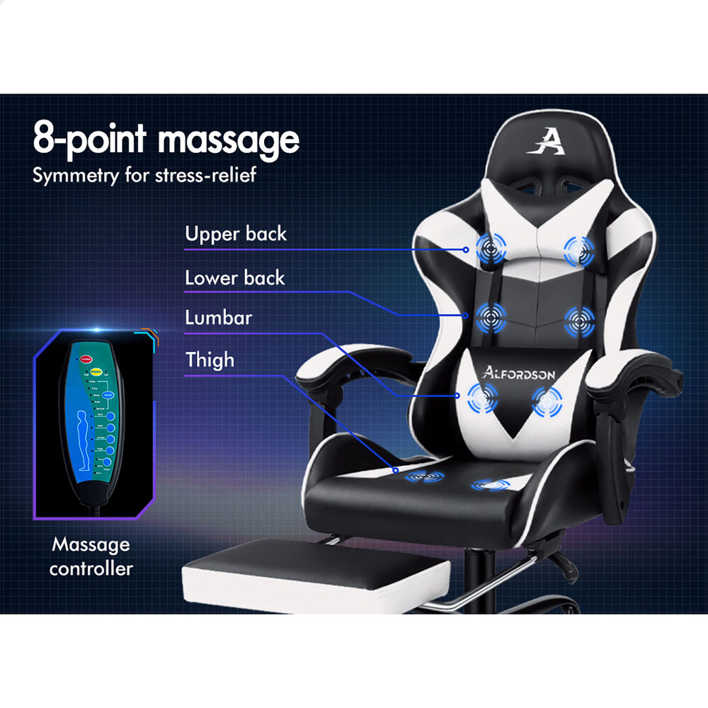 ALFORDSON Gaming Chair Office Massage Computer Racing Seat PU Leather White