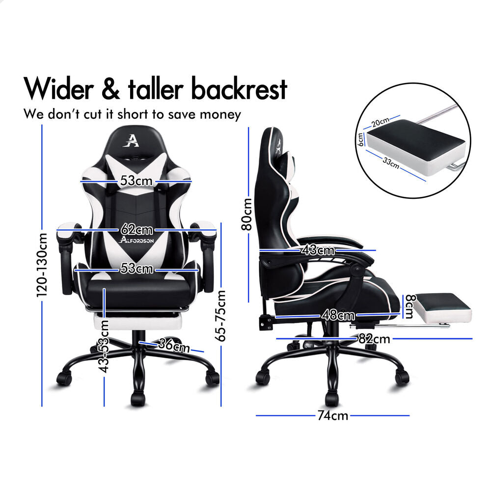ALFORDSON Gaming Chair Office Massage Computer Racing Seat PU Leather White