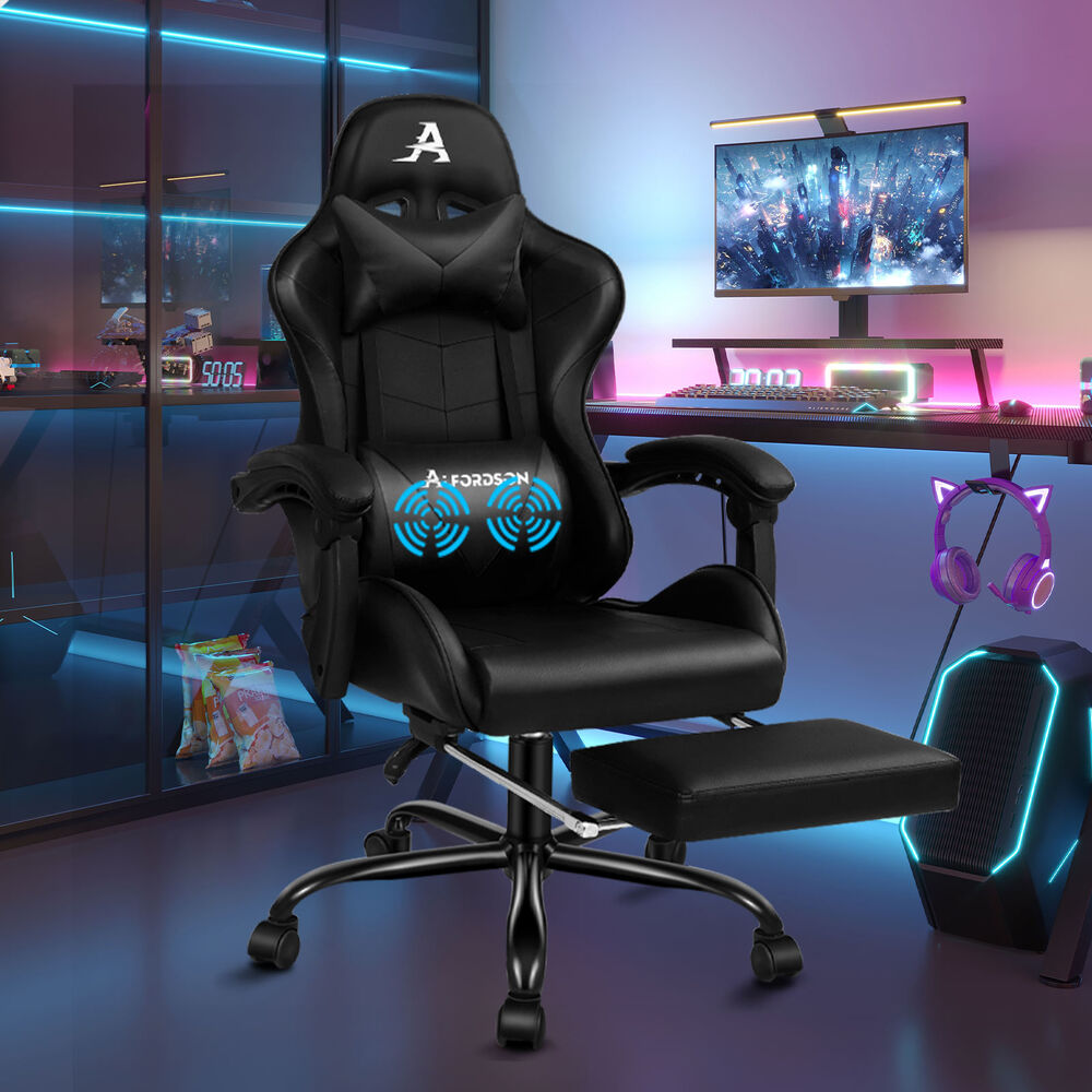 ALFORDSON Gaming Chair Office Executive Racing Footrest Seat Leather All Black