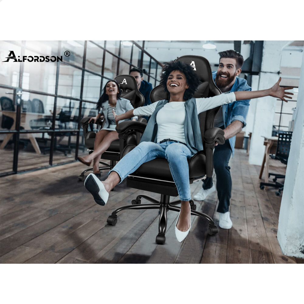 ALFORDSON Gaming Chair Office Executive Racing Footrest Seat Leather All Black