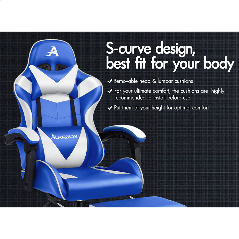 ALFORDSON Gaming Chair Office Executive Racing Footrest Seat Leather Blue White