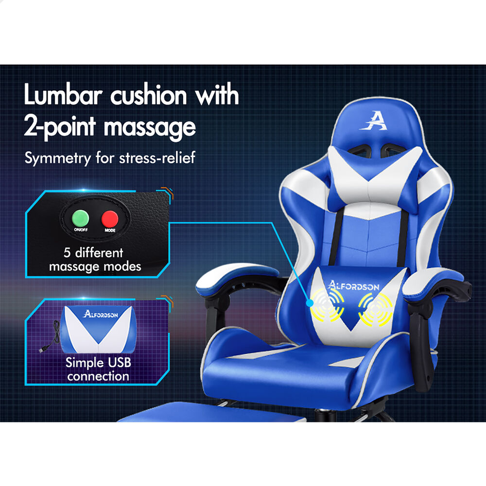 ALFORDSON Gaming Chair Office Executive Racing Footrest Seat Leather Blue White