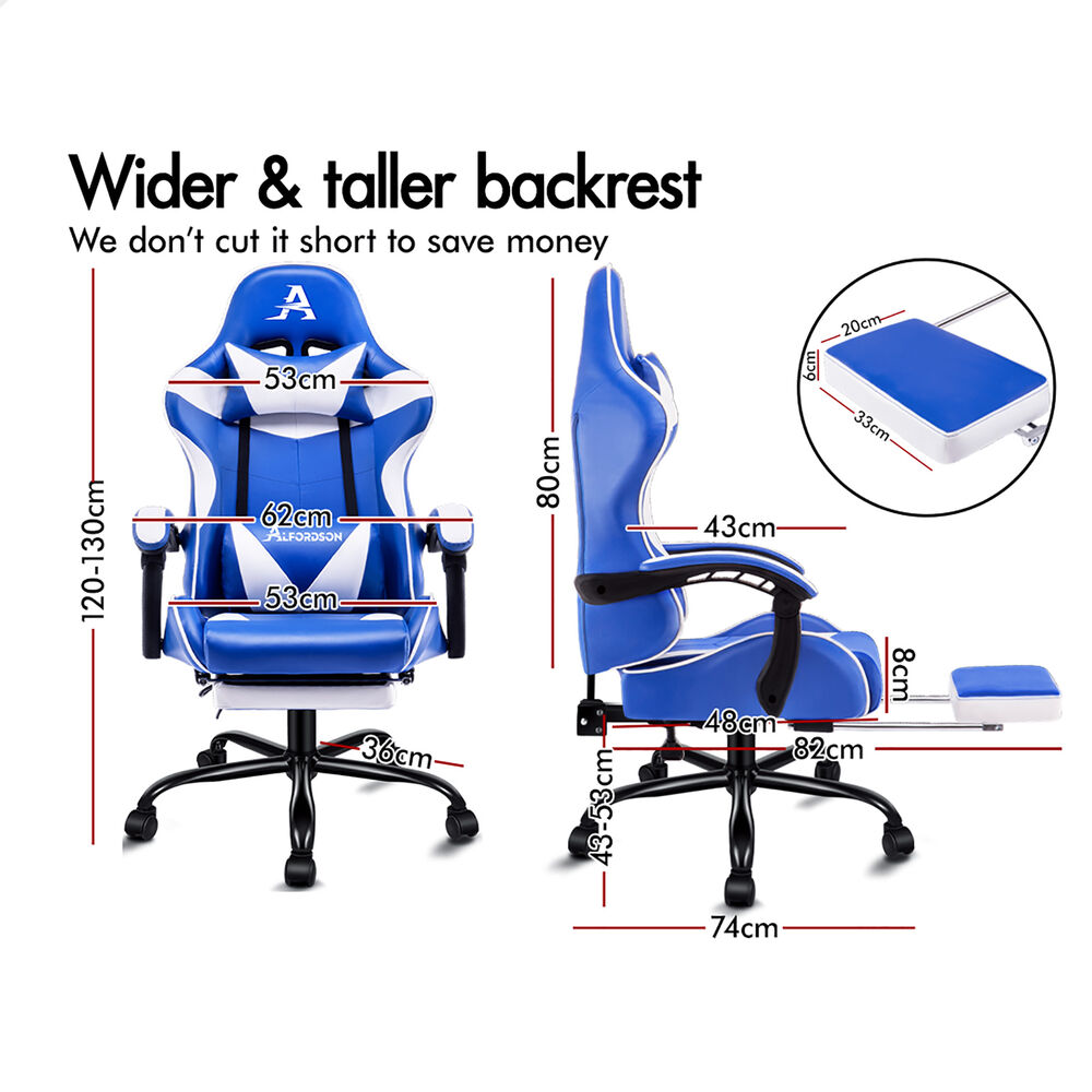 ALFORDSON Gaming Chair Office Executive Racing Footrest Seat Leather Blue White