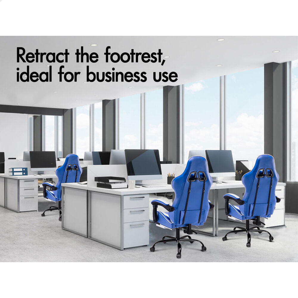 ALFORDSON Gaming Chair Office Executive Racing Footrest Seat Leather Blue White