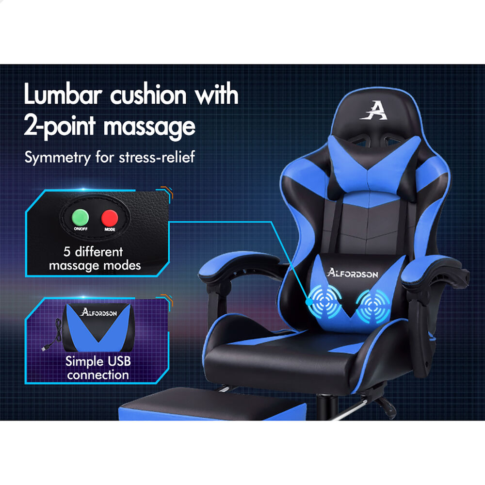 ALFORDSON Gaming Chair Office Executive Racing Footrest Seat PU Leather Blue