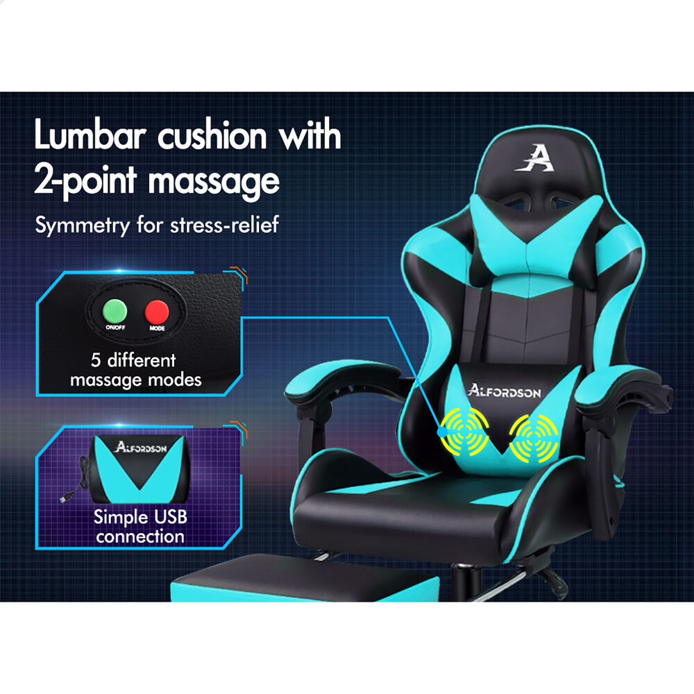 ALFORDSON Gaming Chair Office Executive Racing Footrest Seat PU Leather Cyan