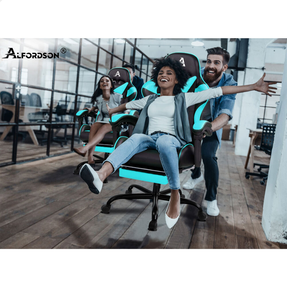 ALFORDSON Gaming Chair Office Executive Racing Footrest Seat PU Leather Cyan