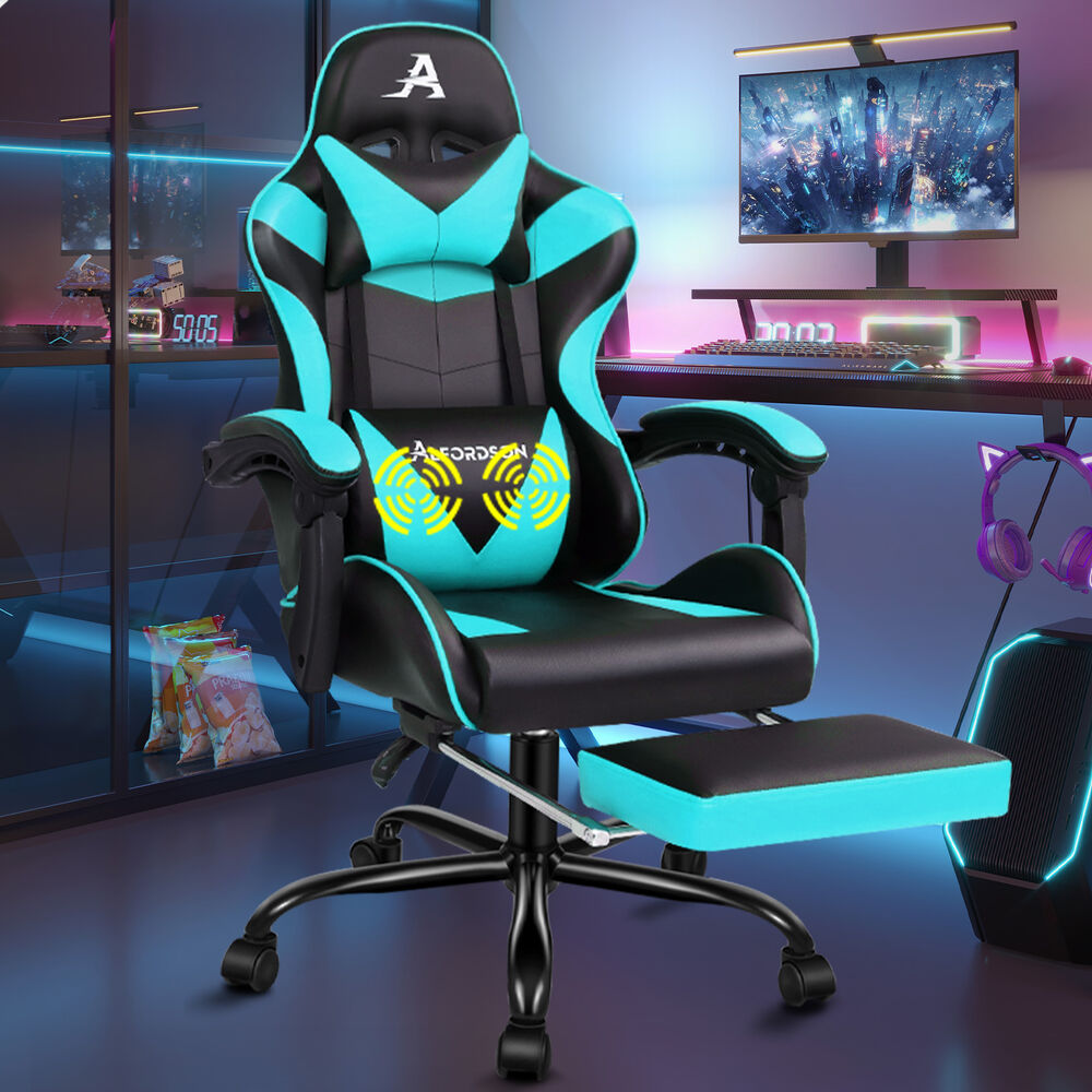 ALFORDSON Gaming Chair Office Executive Racing Footrest Seat PU Leather Cyan