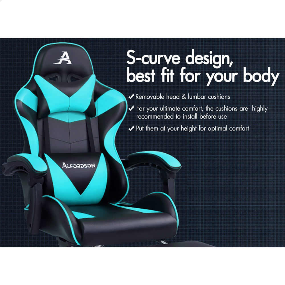 ALFORDSON Gaming Chair Office Executive Racing Footrest Seat PU Leather Cyan