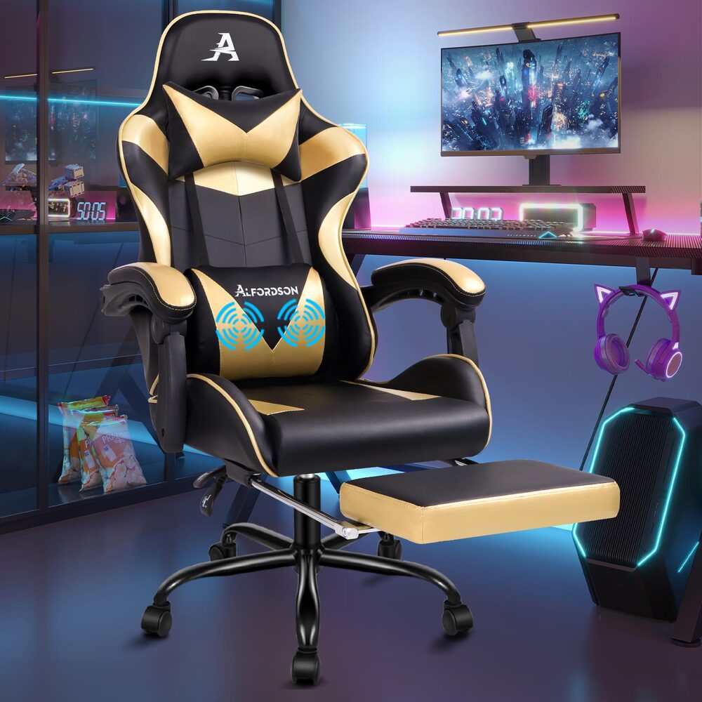 Alfordson Gaming Chair Office Executive Racing Footrest Seat PU Leather Gold