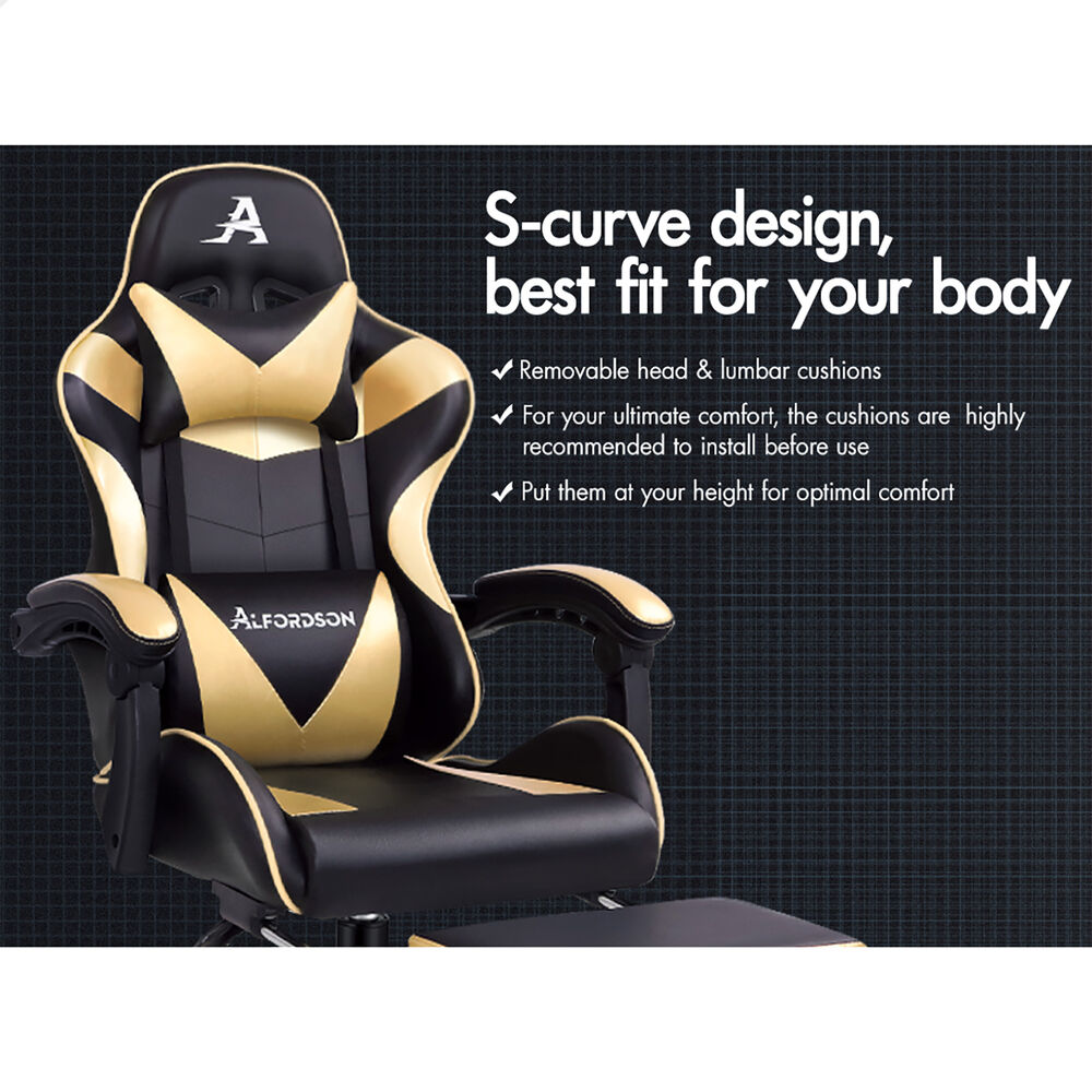 ALFORDSON Gaming Chair Office Executive Racing Footrest Seat PU Leather Gold