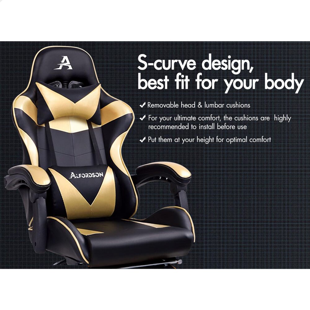 Alfordson Gaming Chair Office Executive Racing Footrest Seat PU Leather Gold