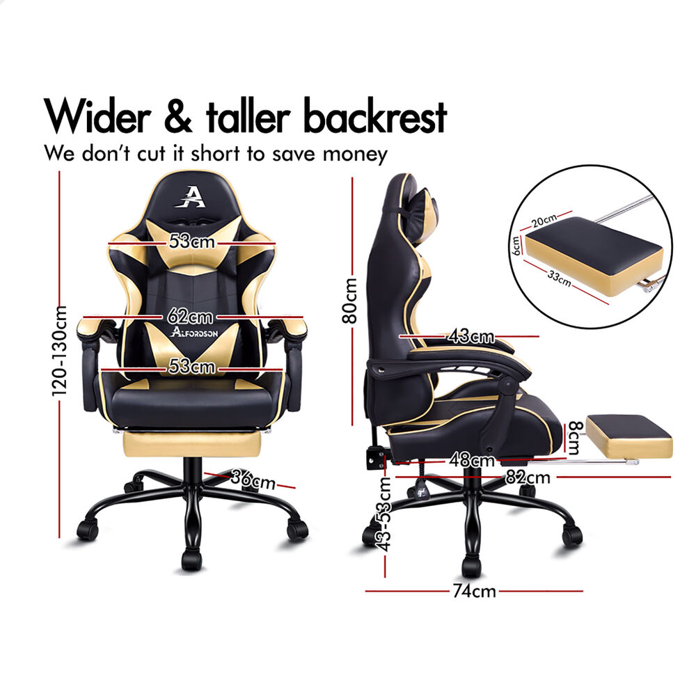 ALFORDSON Gaming Chair Office Executive Racing Footrest Seat PU Leather Gold