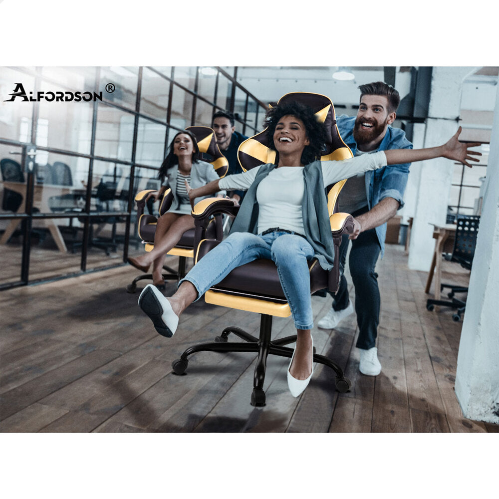Alfordson Gaming Chair Office Executive Racing Footrest Seat PU Leather Gold