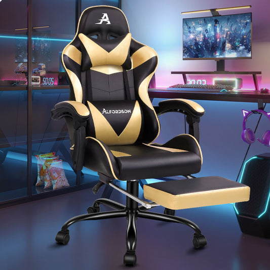 ALFORDSON Gaming Chair Office Executive Racing Footrest Seat PU Leather Gold