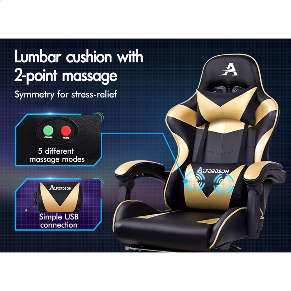Alfordson Gaming Chair Office Executive Racing Footrest Seat PU Leather Gold