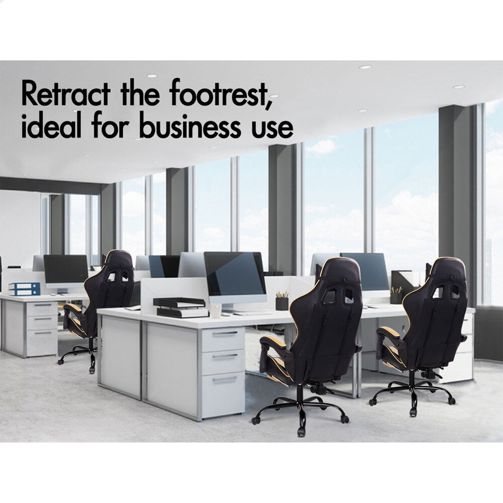 Alfordson Gaming Chair Office Executive Racing Footrest Seat PU Leather Gold