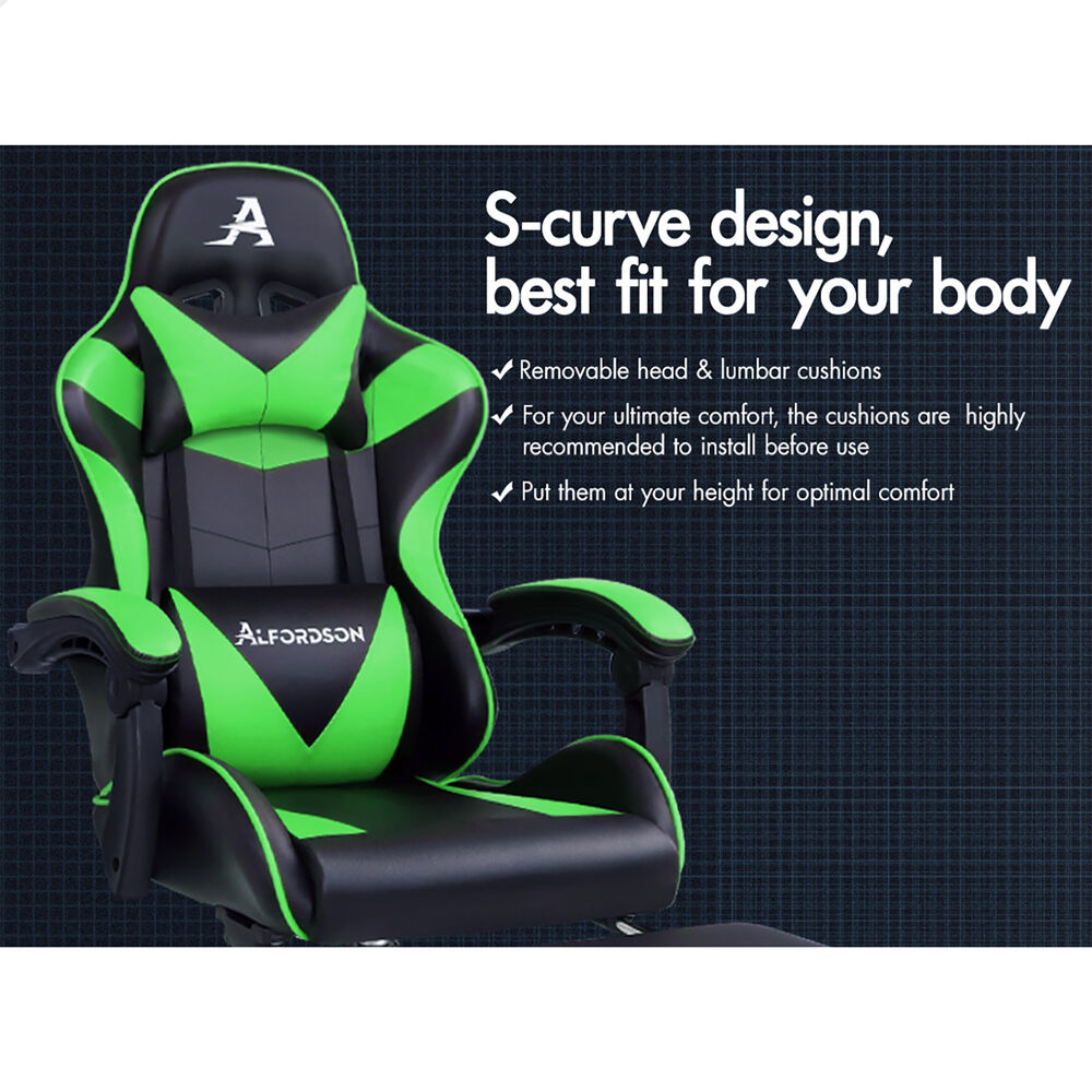 ALFORDSON Gaming Chair Office Executive Racing Footrest Seat PU Leather Green