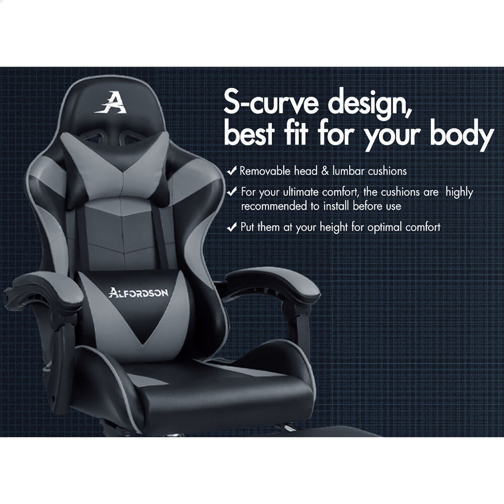 ALFORDSON Gaming Chair Office Executive Racing Footrest Seat PU Leather Grey