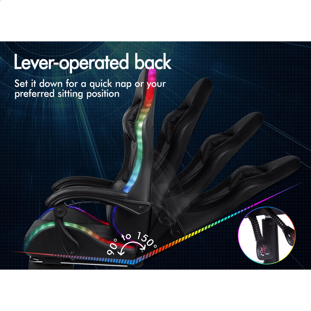 ALFORDSON Gaming Chair Office Massage 12 RGB LED Computer Seat PU Leather Black