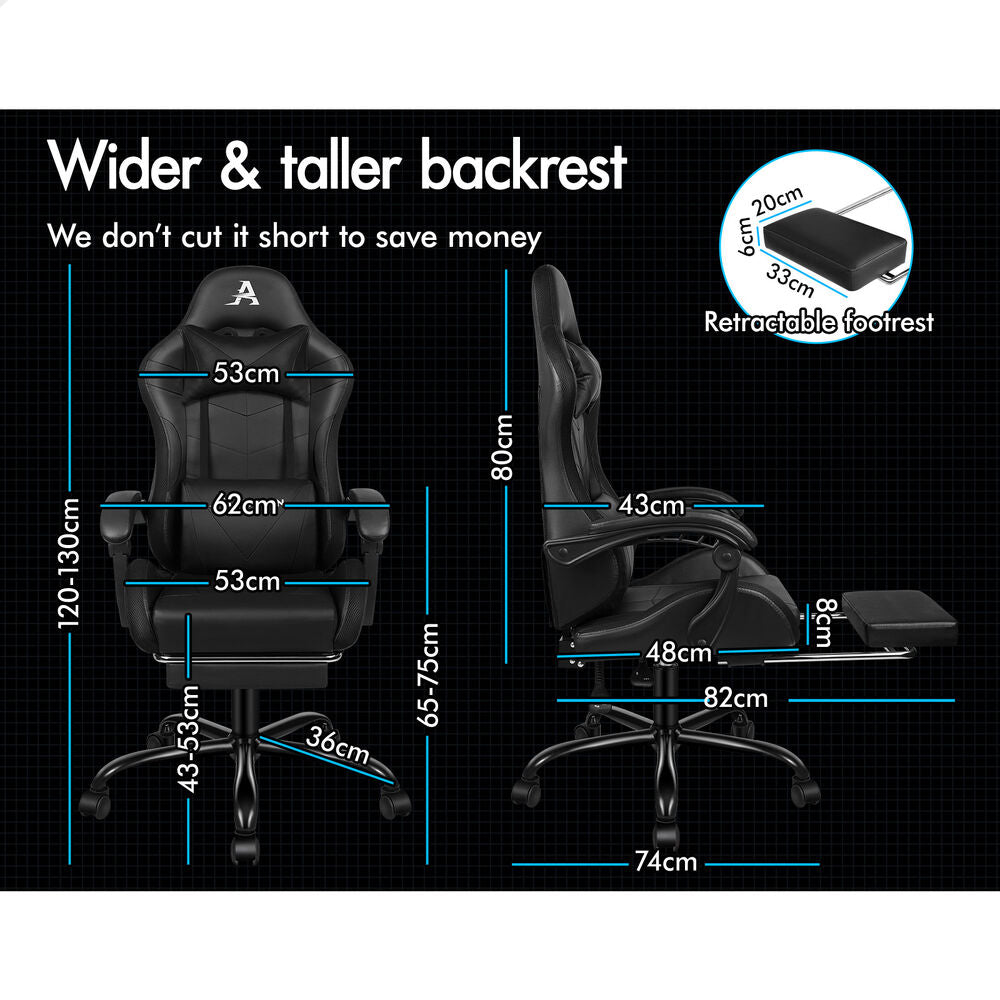 ALFORDSON Gaming Chair Office Massage 12 RGB LED Computer Seat PU Leather Black