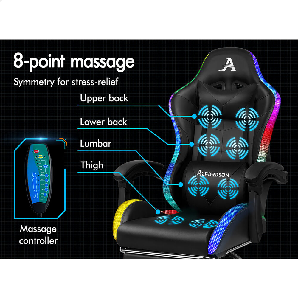 ALFORDSON Gaming Chair Office Massage 12 RGB LED Computer Seat PU Leather Black