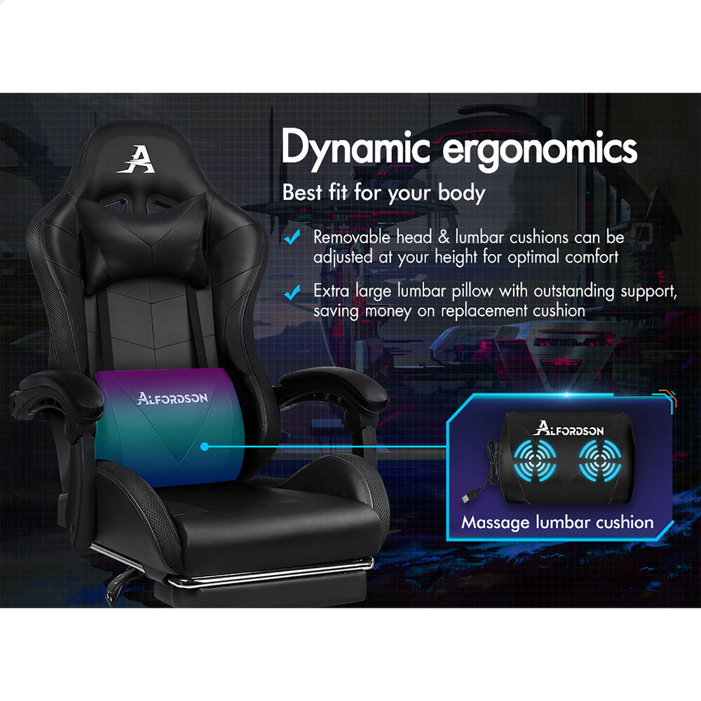 ALFORDSON Gaming Chair Office Massage 12 RGB LED Computer Seat PU Leather Black