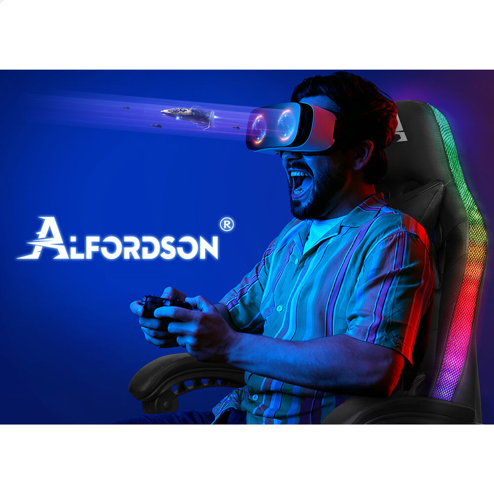 ALFORDSON Gaming Chair Office Massage 12 RGB LED Computer Seat PU Leather Black