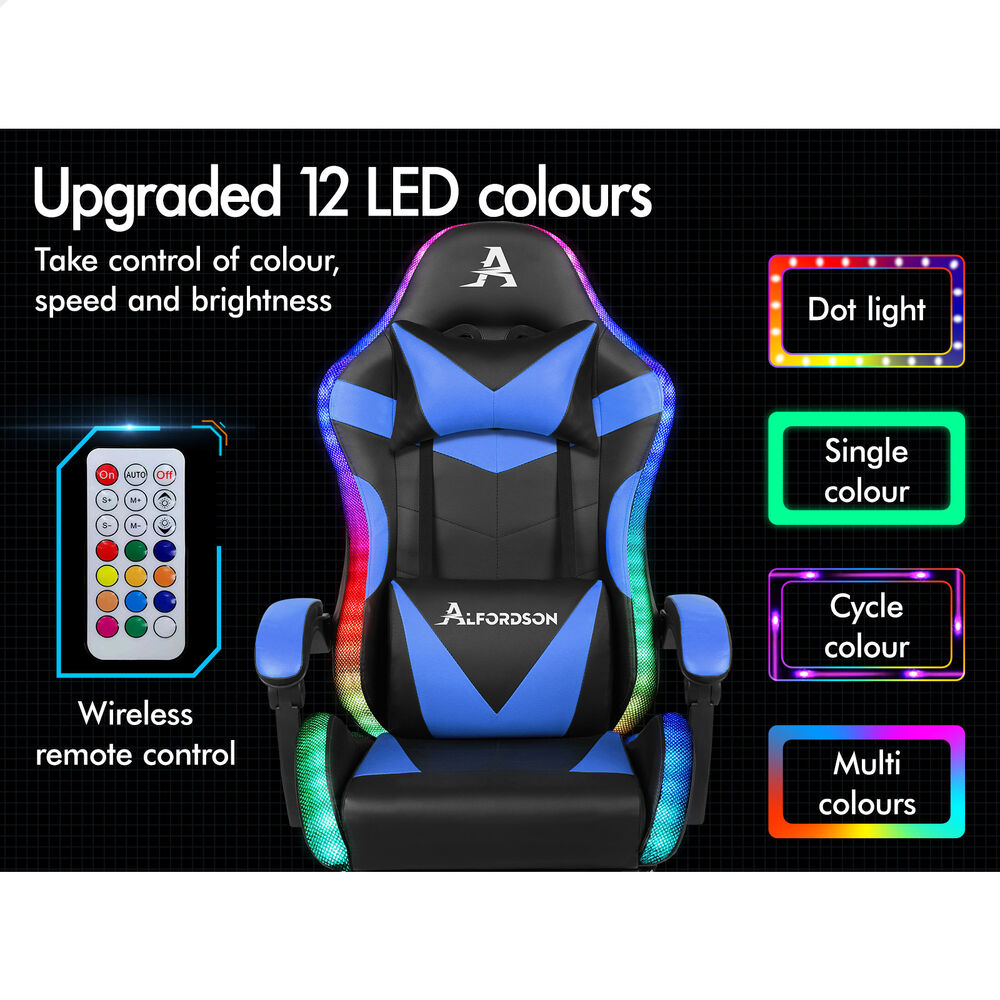 ALFORDSON Gaming Chair Office Massage 12 RGB LED Computer Seat PU Leather Blue