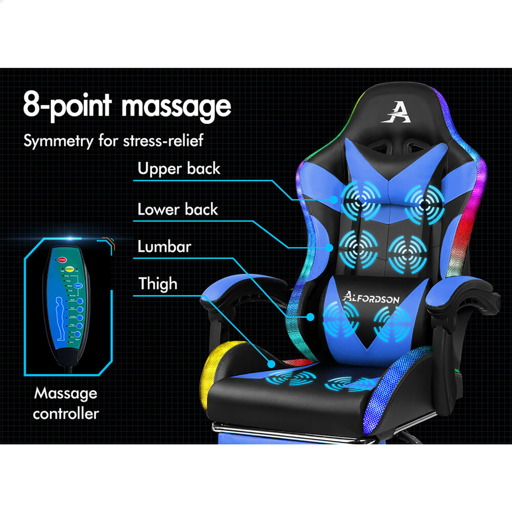 ALFORDSON Gaming Chair Office Massage 12 RGB LED Computer Seat PU Leather Blue