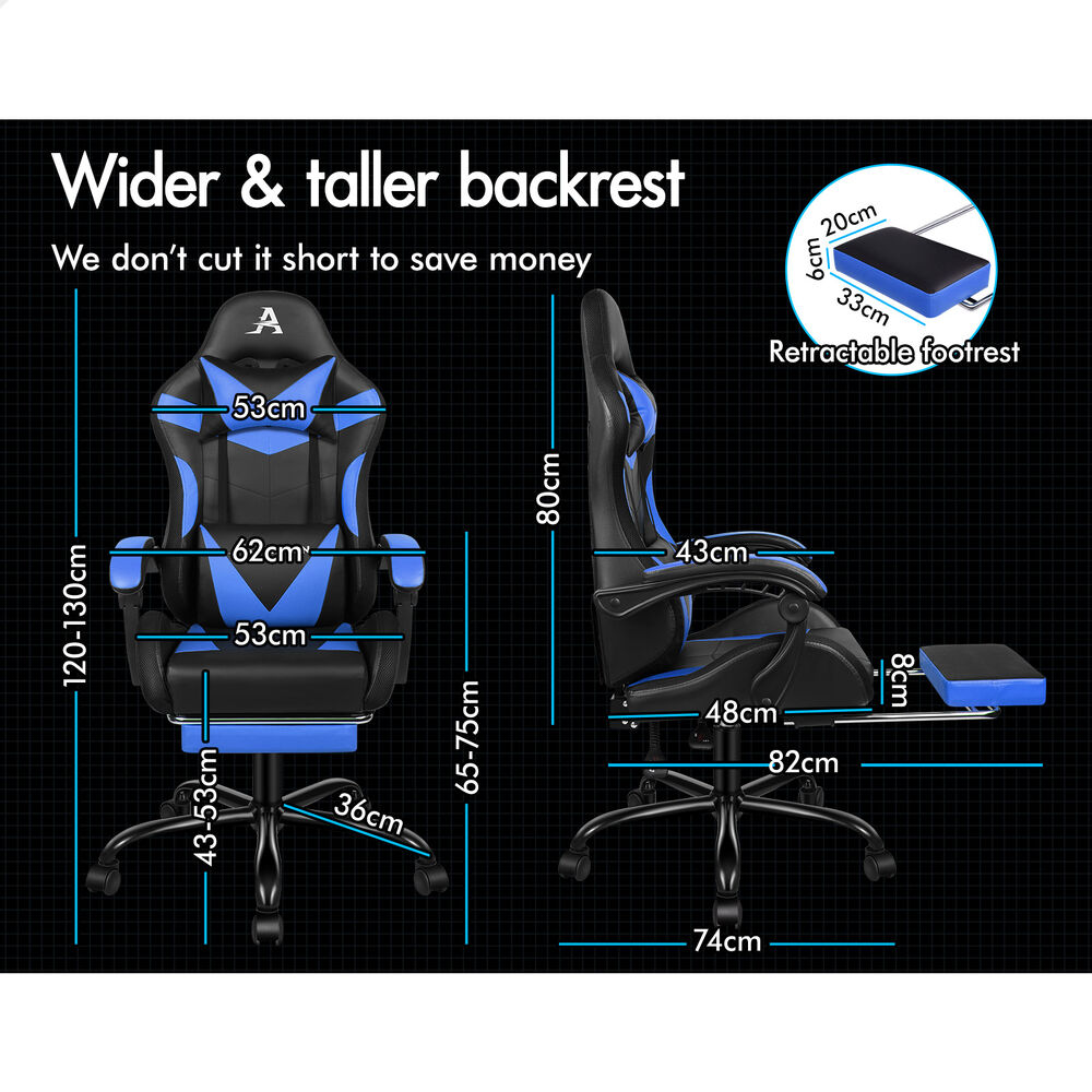 ALFORDSON Gaming Chair Office Massage 12 RGB LED Computer Seat PU Leather Blue
