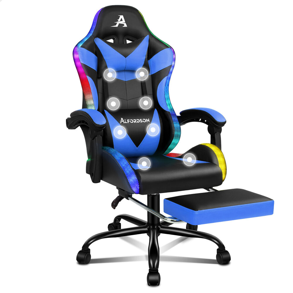 ALFORDSON Gaming Chair Office Massage 12 RGB LED Computer Seat PU Leather Blue