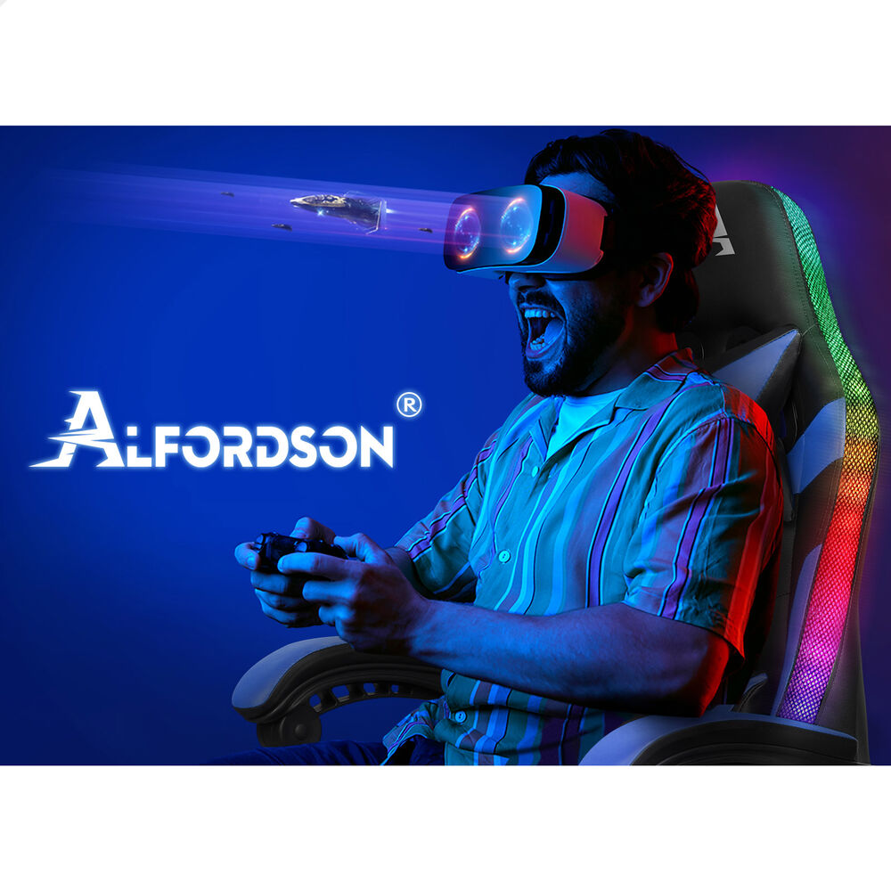 ALFORDSON Gaming Chair Office Massage 12 RGB LED Computer Seat PU Leather Blue