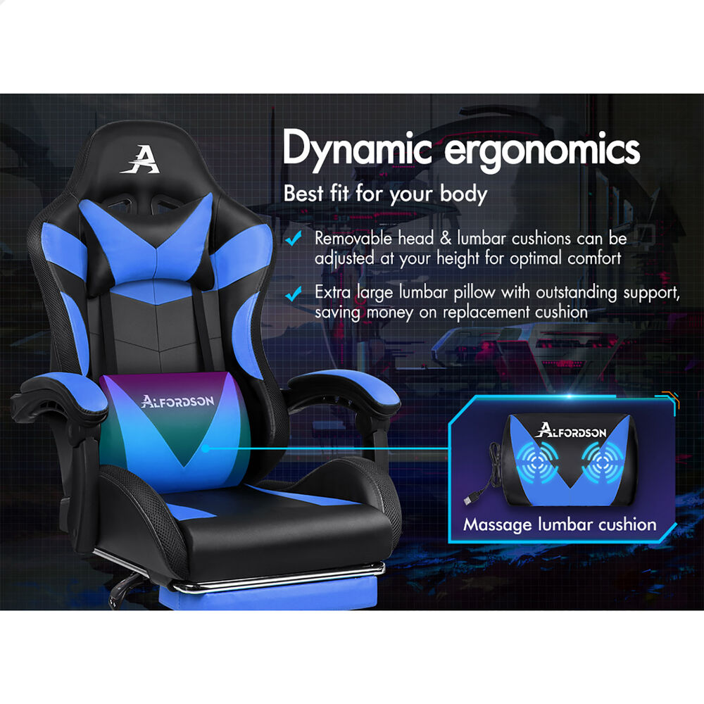 ALFORDSON Gaming Chair Office Massage 12 RGB LED Computer Seat PU Leather Blue