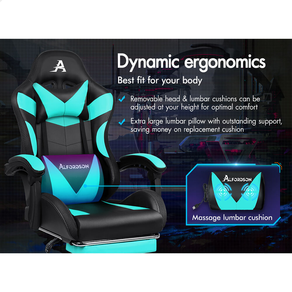 ALFORDSON Gaming Chair Office Massage 12 RGB LED Computer Seat PU Leather Cyan