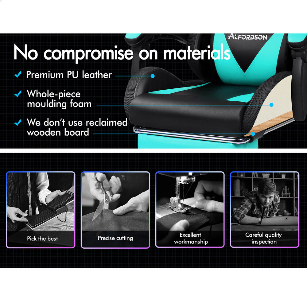 ALFORDSON Gaming Chair Office Massage 12 RGB LED Computer Seat PU Leather Cyan