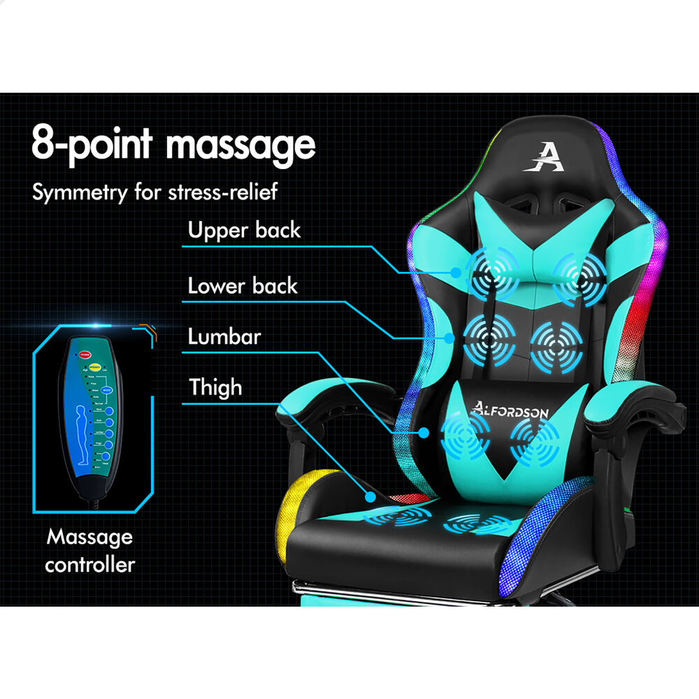 ALFORDSON Gaming Chair Office Massage 12 RGB LED Computer Seat PU Leather Cyan
