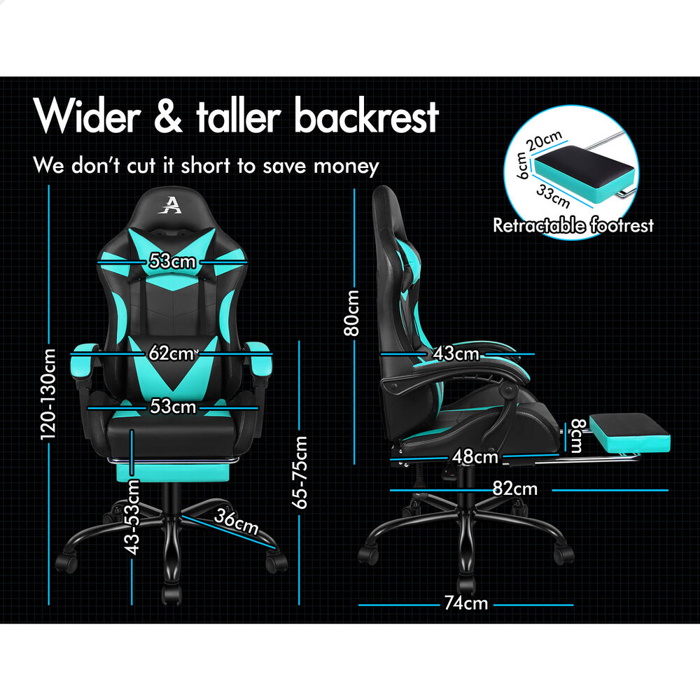 ALFORDSON Gaming Chair Office Massage 12 RGB LED Computer Seat PU Leather Cyan