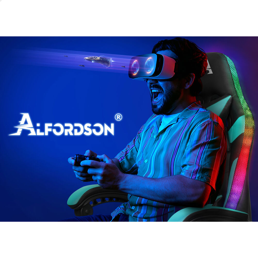 ALFORDSON Gaming Chair Office Massage 12 RGB LED Computer Seat PU Leather Cyan