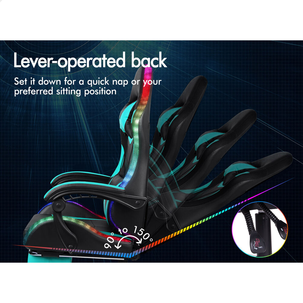 ALFORDSON Gaming Chair Office Massage 12 RGB LED Computer Seat PU Leather Cyan